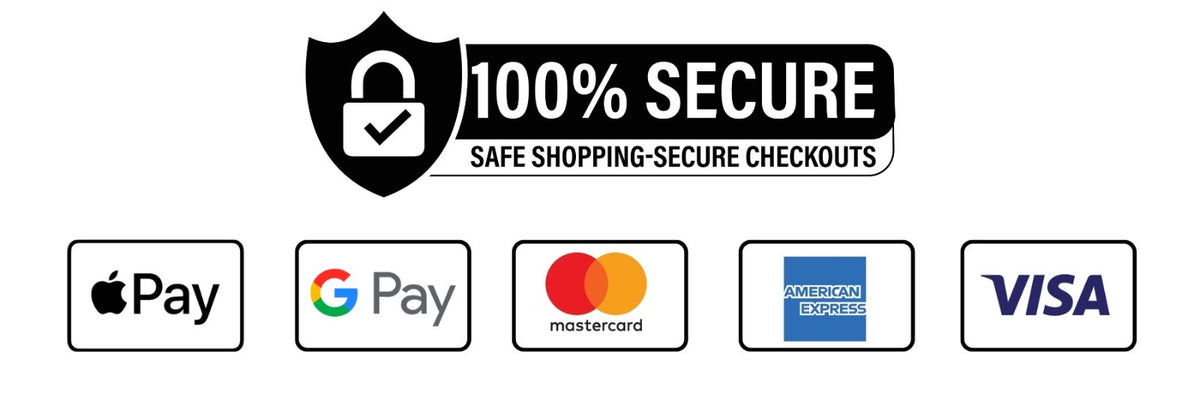 100% secure checkout with Apple Pay, Google Pay, Mastercard, American Express, and Visa for safe shopping
