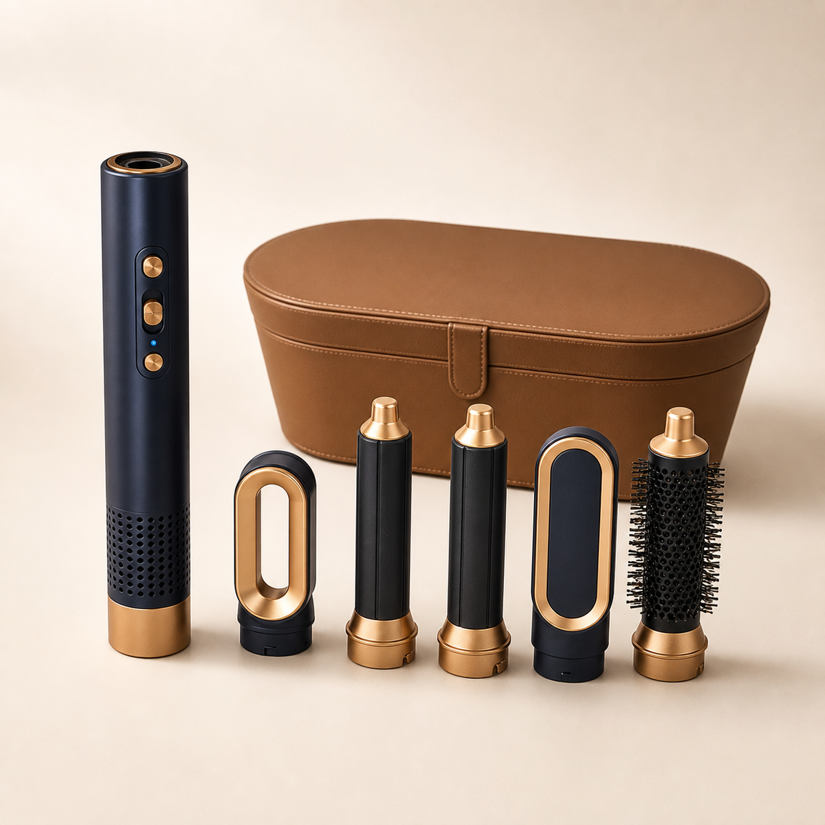 Gold Blue hot air styler with brown case on warm ivory background