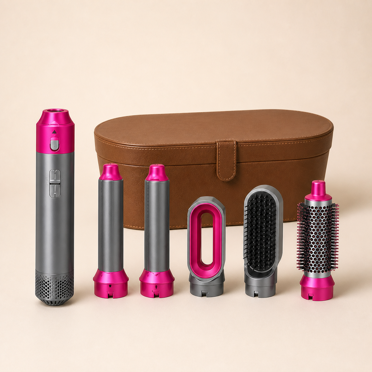 Rose Grey hot air styler with brown case on warm ivory background