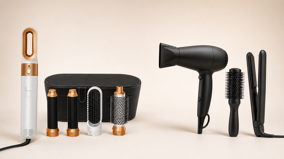 5-in-1 hot air styler compared with a hair dryer, round brush and straightener