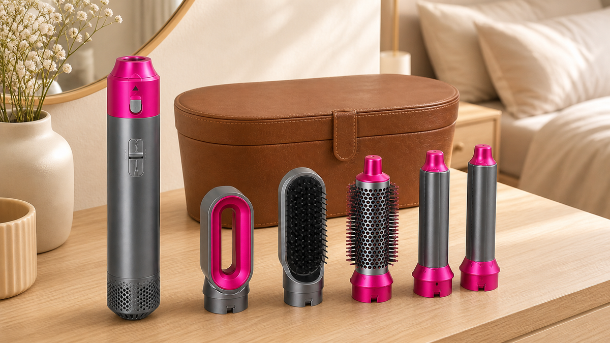 Rose Grey 5-in-1 hot air styler with five attachments and brown storage case