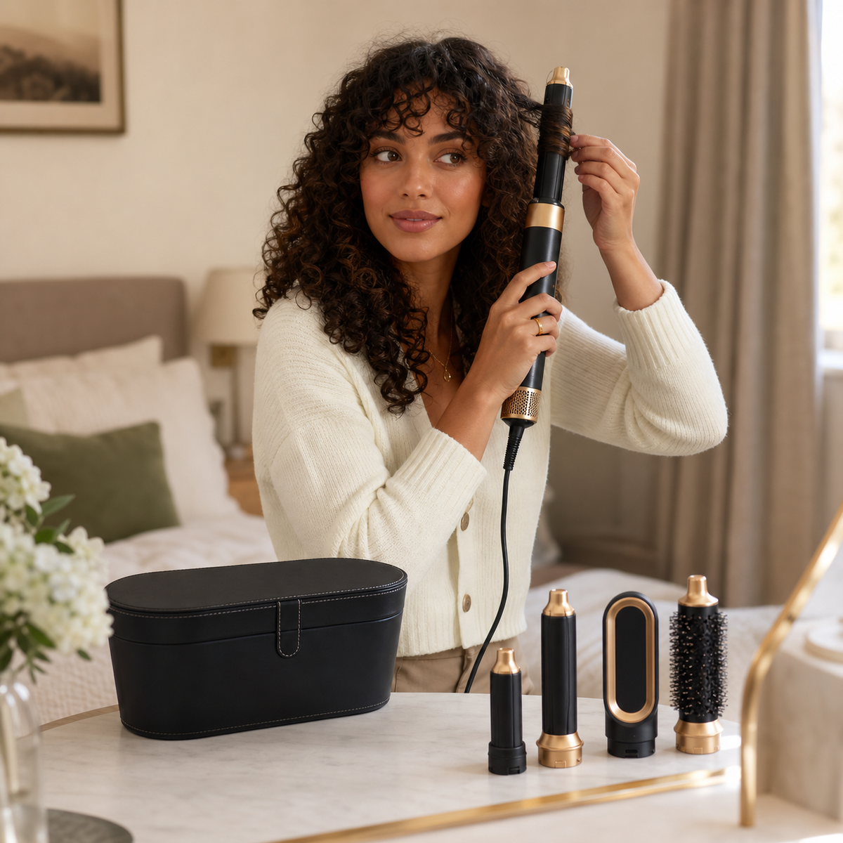 Woman curling her hair with the Gold Blue Set 1 hot air styler and black case