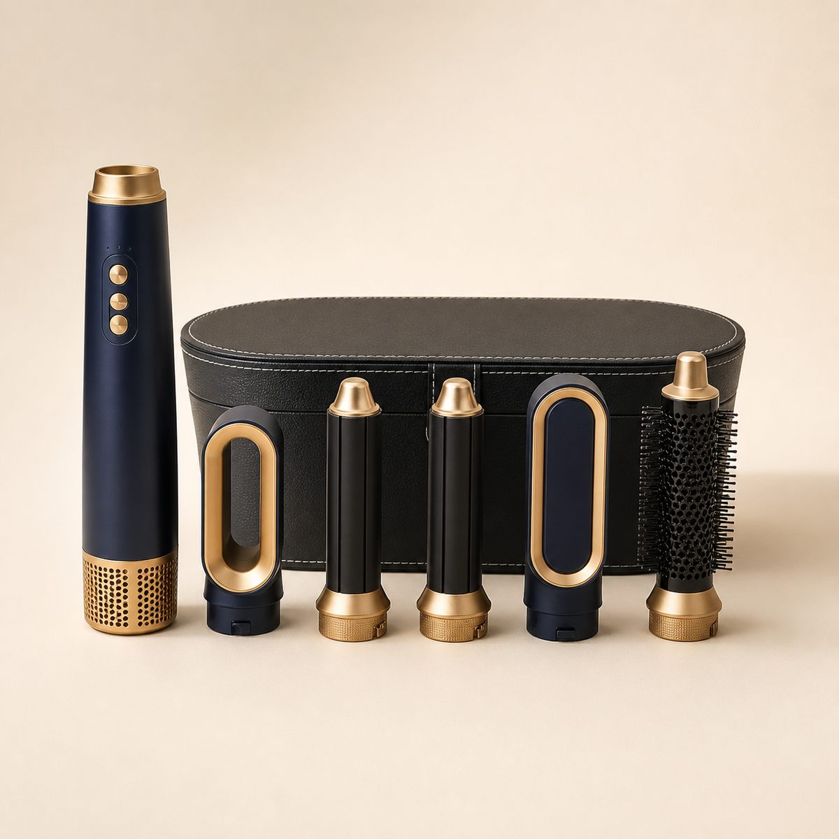Gold Blue Set 1 hot air styler with black case on warm ivory background