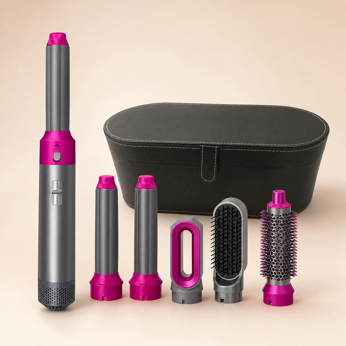 Rose Red Set 2 hot air styler with black case on warm ivory background