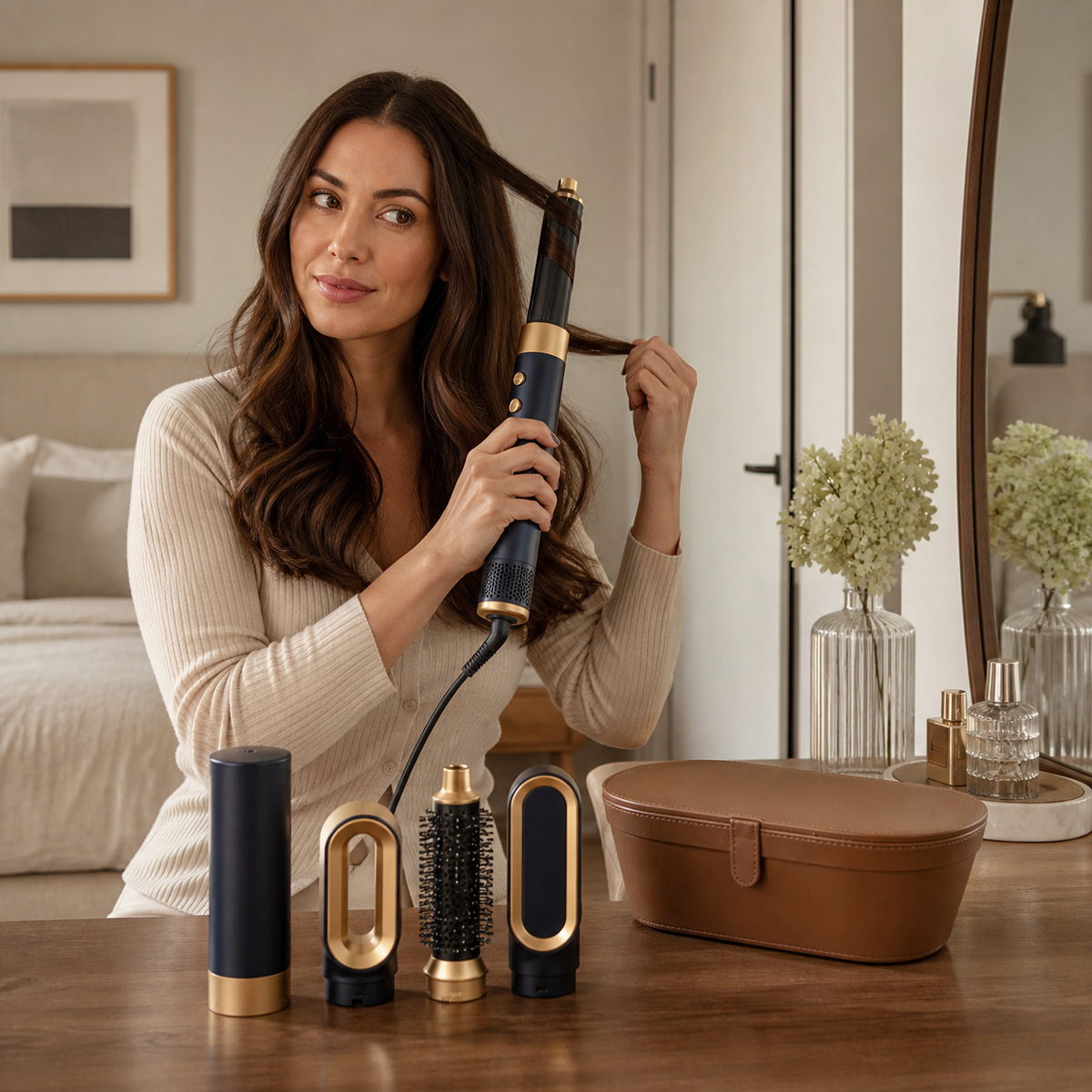 Woman curling her hair with the Gold Blue air-curling barrel