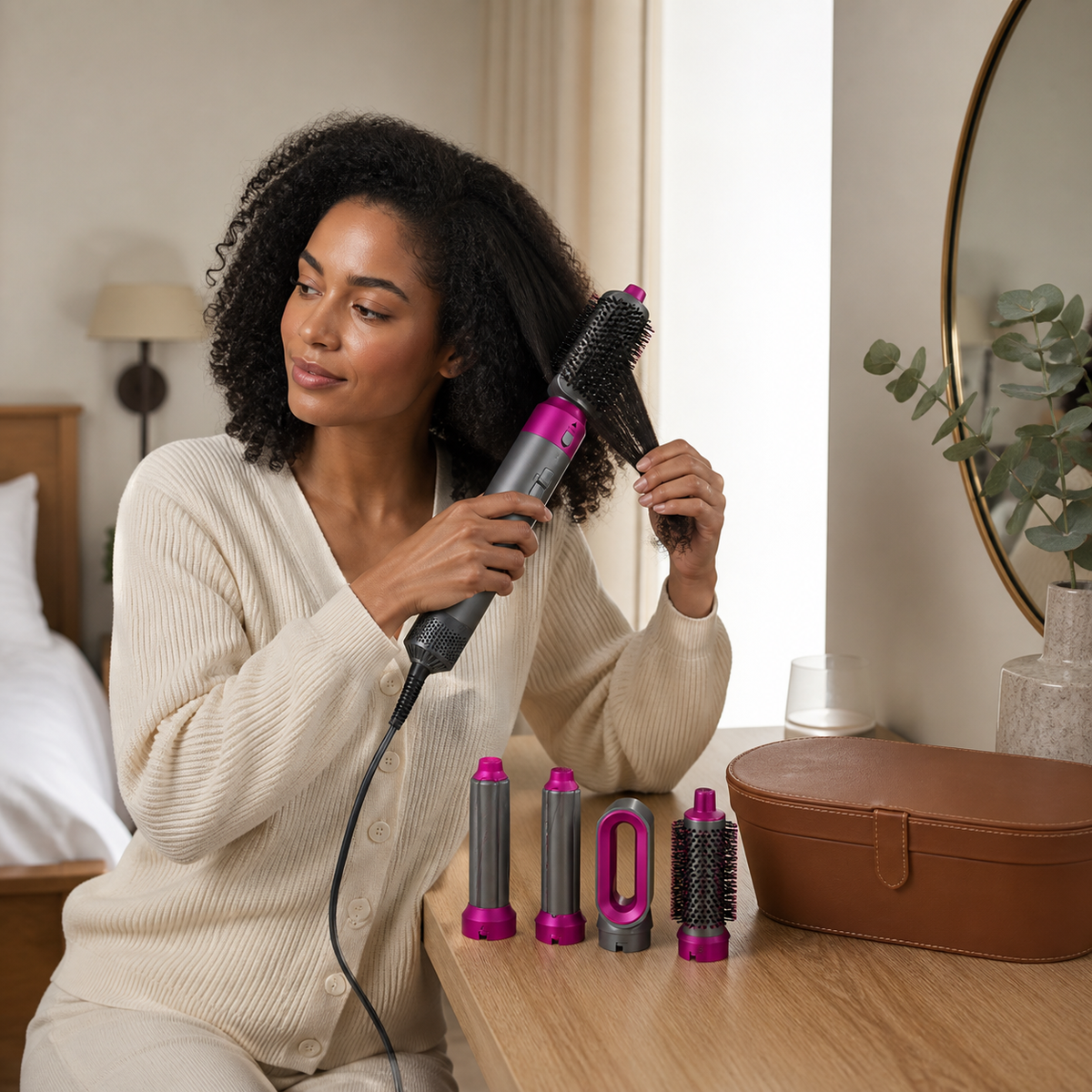 Woman smoothing her hair with the Rose Grey hot air styler and brown case